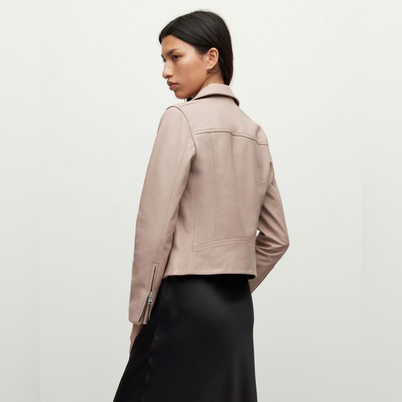 All Saints 8 Dalby Slim-Fit Leather‎ Biker Jacket Misty Pink Zipper Moto Boho - Picture 2 of 15